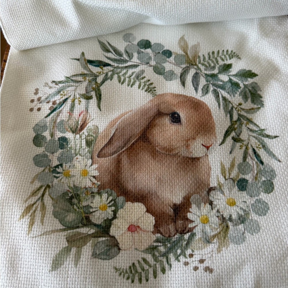 Bunny Wreath Cotton Table Runner Brown Bunny Floral Print 14x72